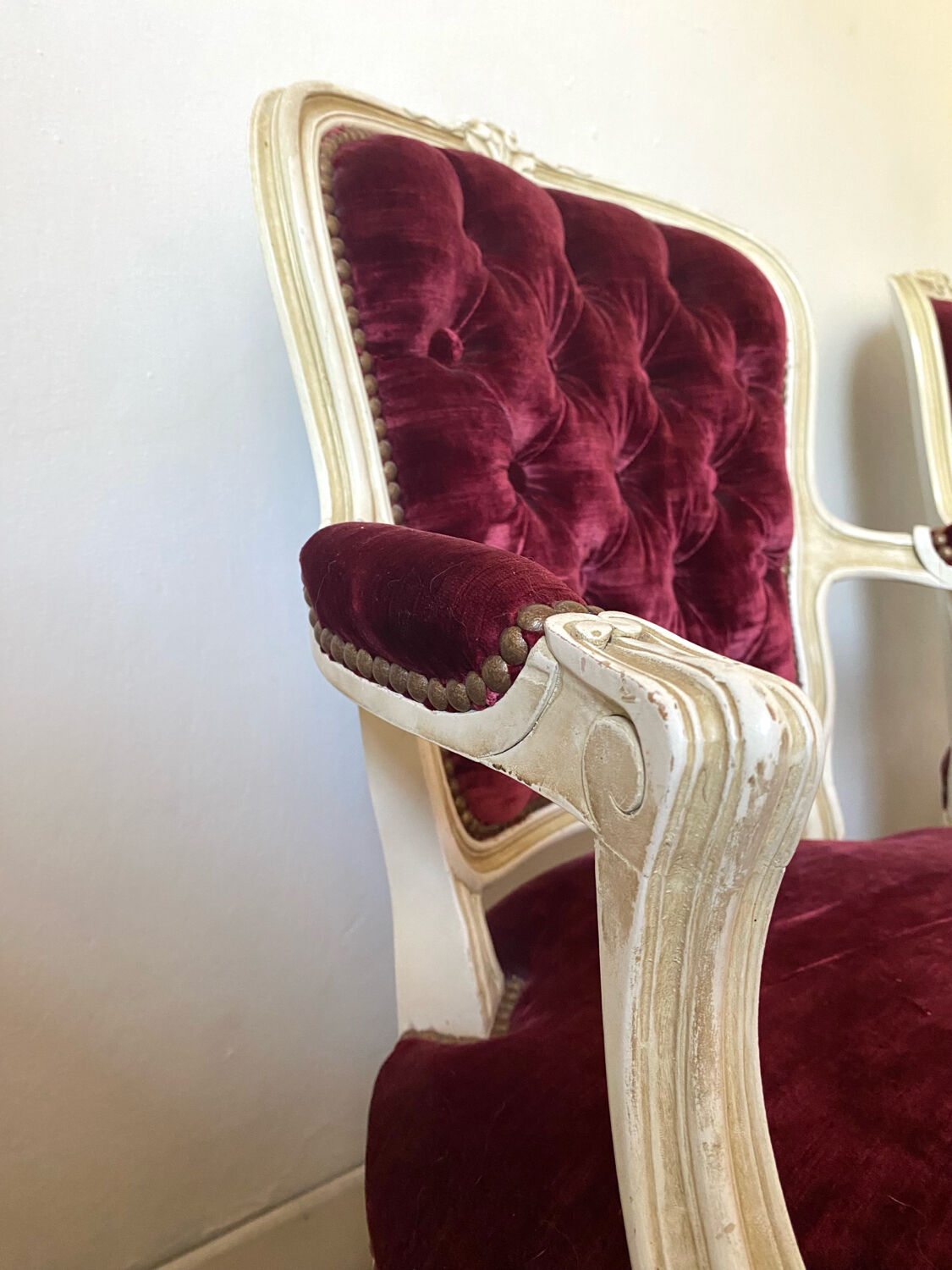 Pair of Louis XV style upholstered velvet armchairs