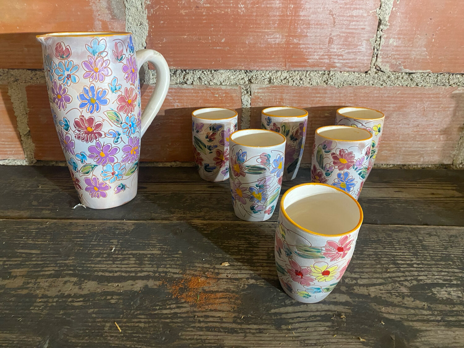 Orangeade Service VALLAURIS Ceramic Flowers Pitcher + 6 Vinta Glasses