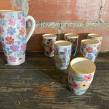 Orangeade Service VALLAURIS Ceramic Flowers Pitcher + 6 Vinta Glasses