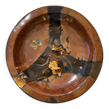 Large glazed stoneware deep plate signed