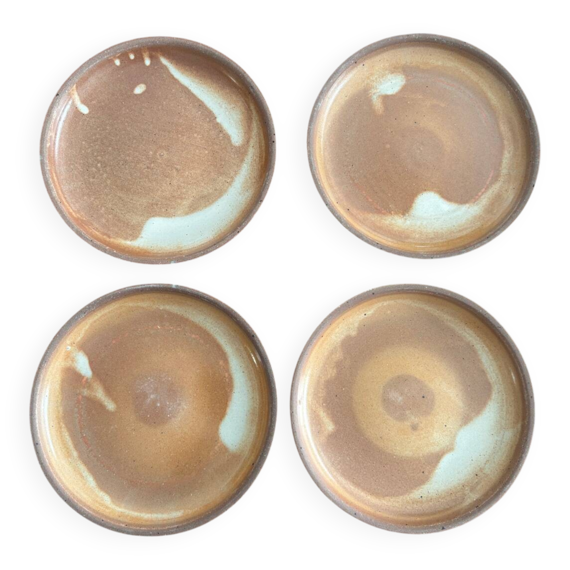 Lot of vintage 1970s beige stoneware dessert plates, handmade.