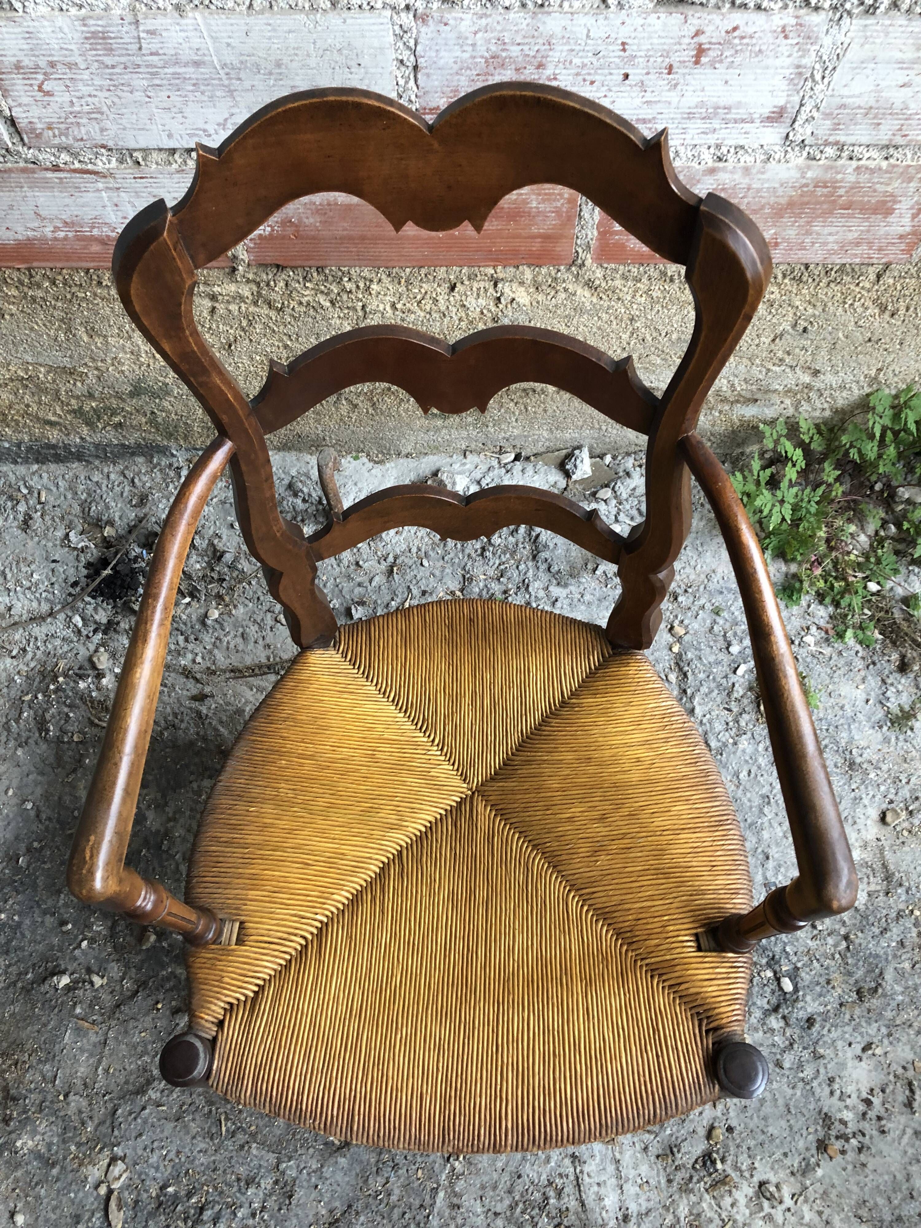 Pair Old Armchair Needle Wood Carved & Seat Paillé + Vintage Fabric Cover