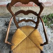Pair Old Armchair Needle Wood Carved & Seat Paillé + Vintage Fabric Cover