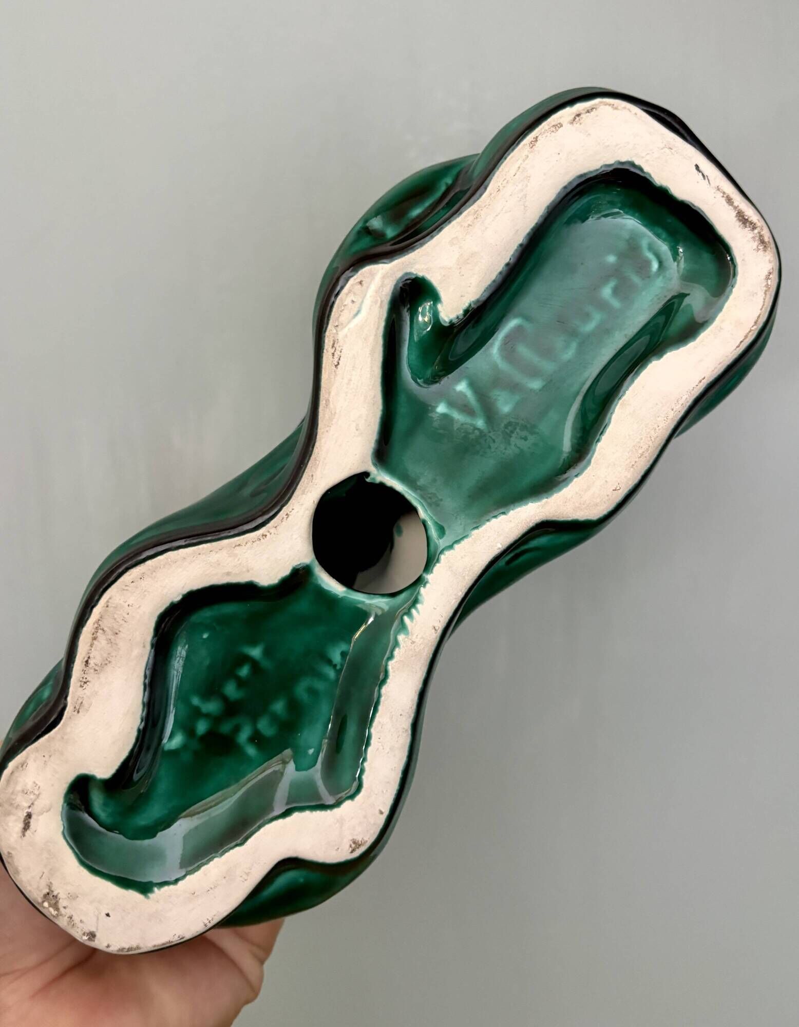 Pair of vintage green ceramic candlesticks signed Hubert Pernin, Vallauris.
