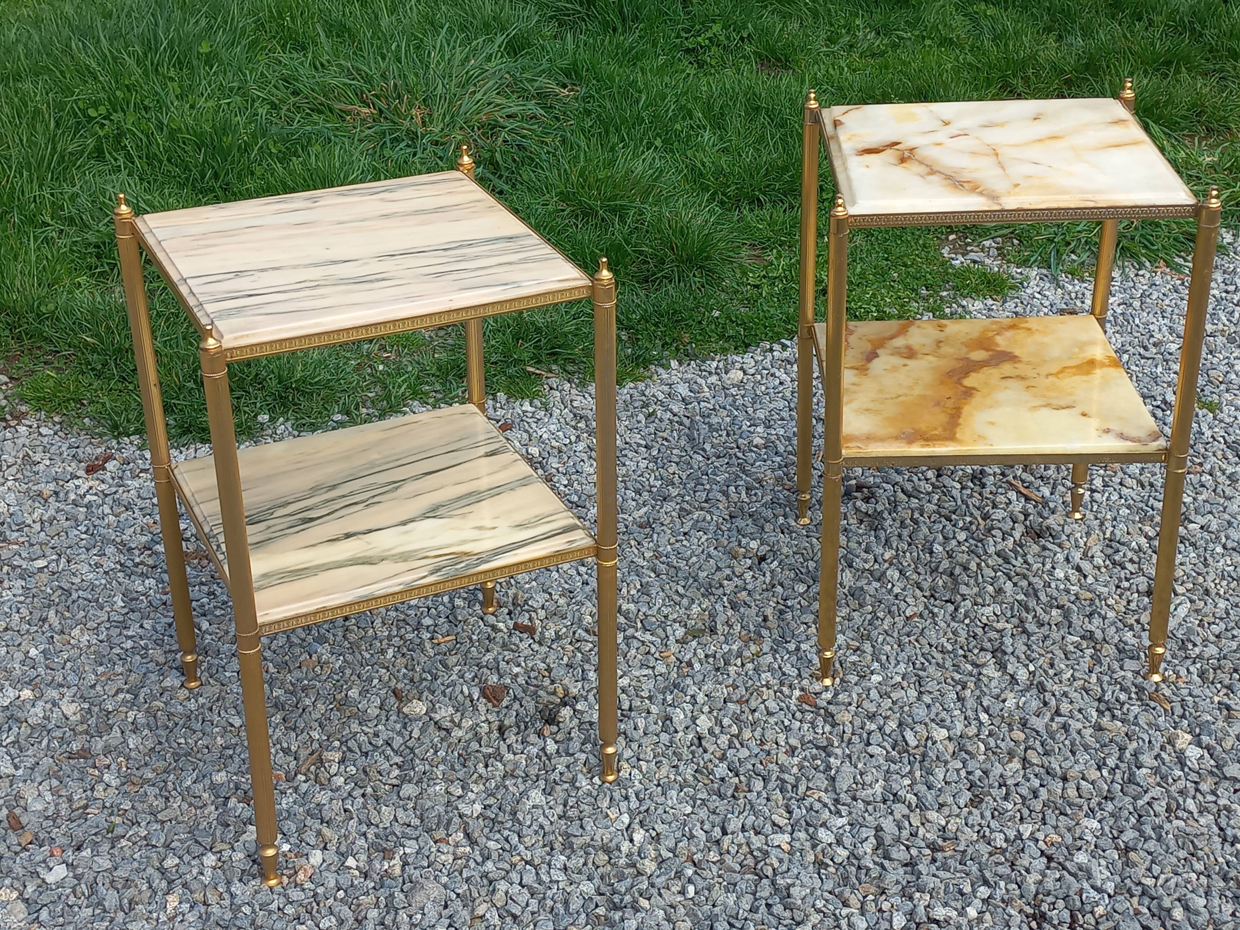 Pair of neoclassical side tables in bronze, brass, marble, and o.