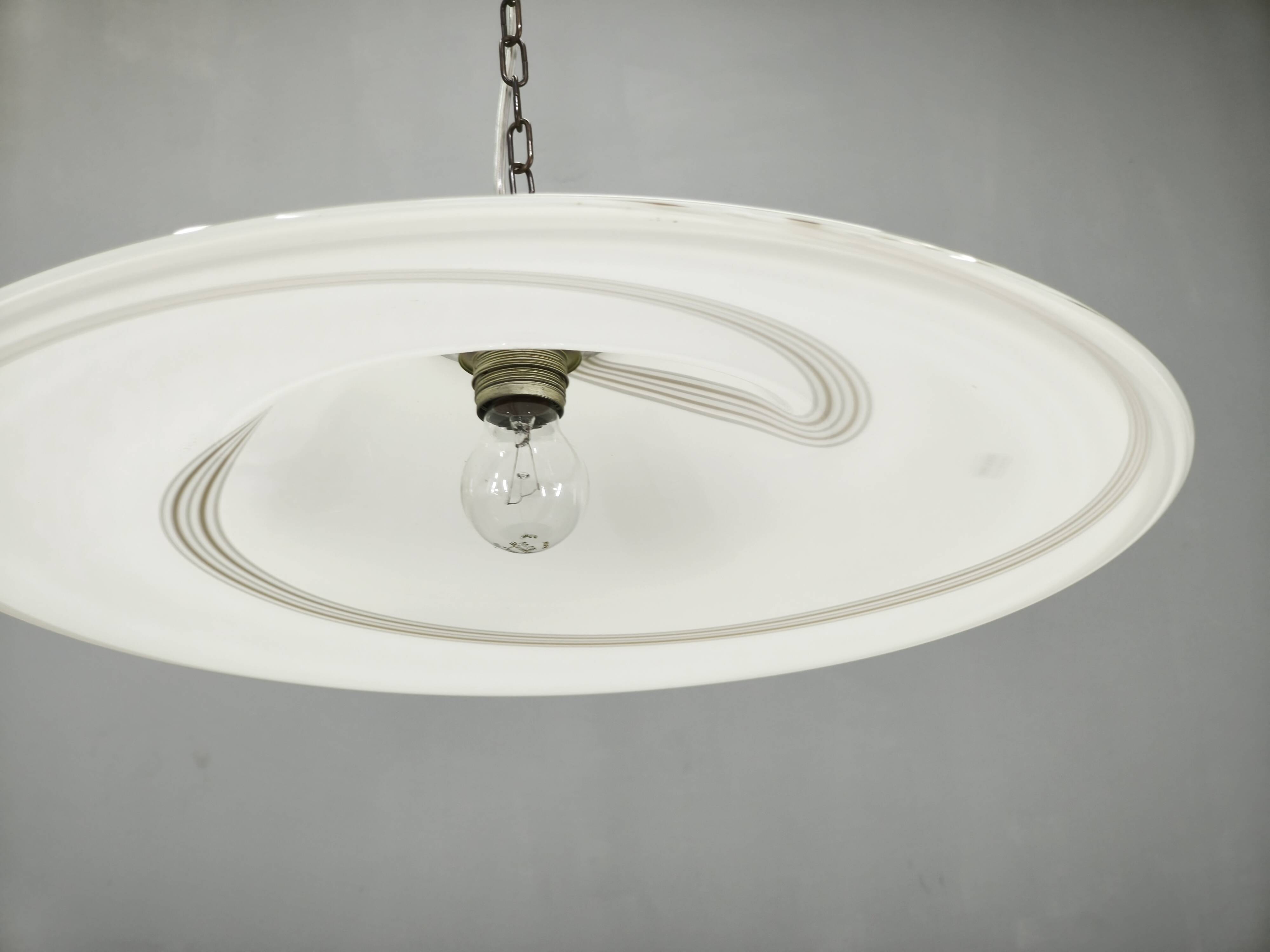 Pair of 1970s Italian Murano Opaline Glass and Brass Pendant Lights