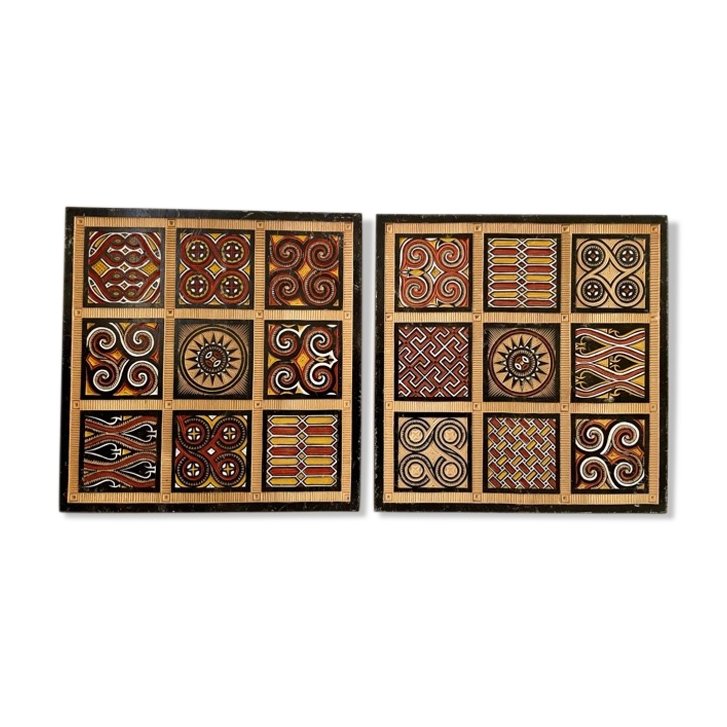 Duo of panels Imigongo carved wood Rwanda 1970