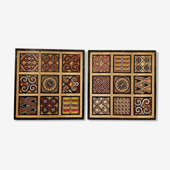 Duo of panels Imigongo carved wood Rwanda 1970