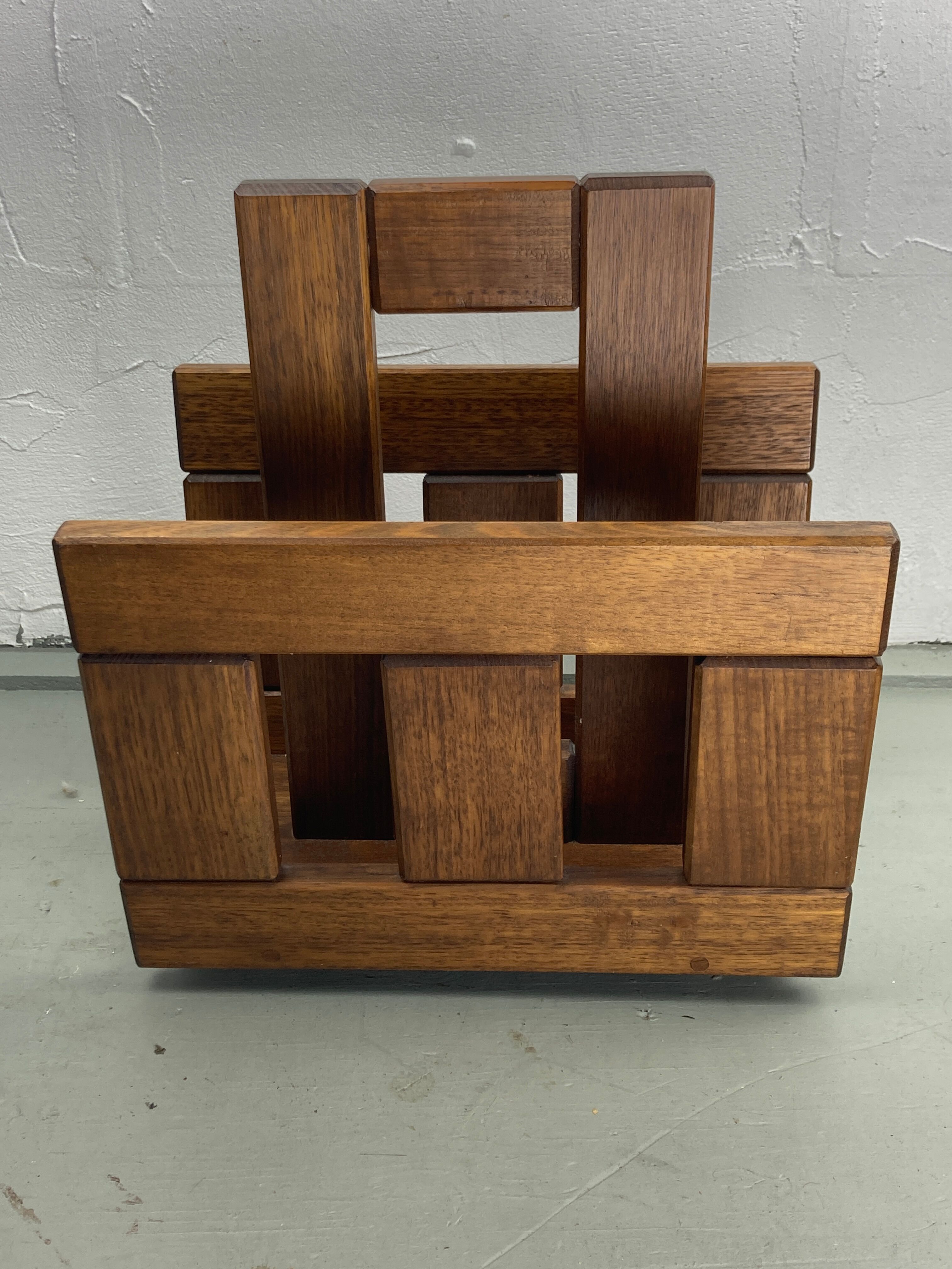 Midcentury brutalist oak magazine rack or holder, Dutch ca 1960s