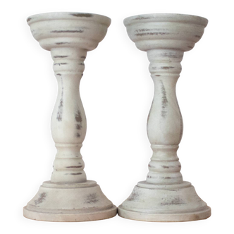Set Of 2 Vintage Rustic Wooden Candle Holders, Country Home Decor