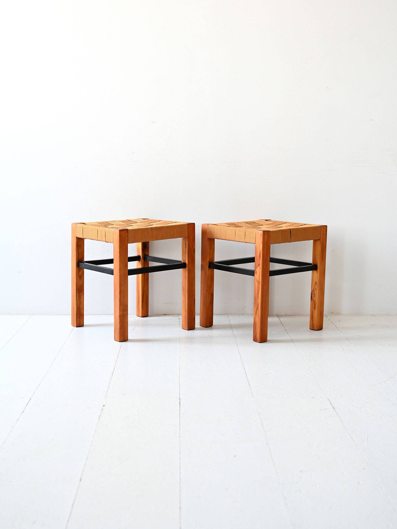 Pair of Scandinavian vinatge pine stools with woven seats