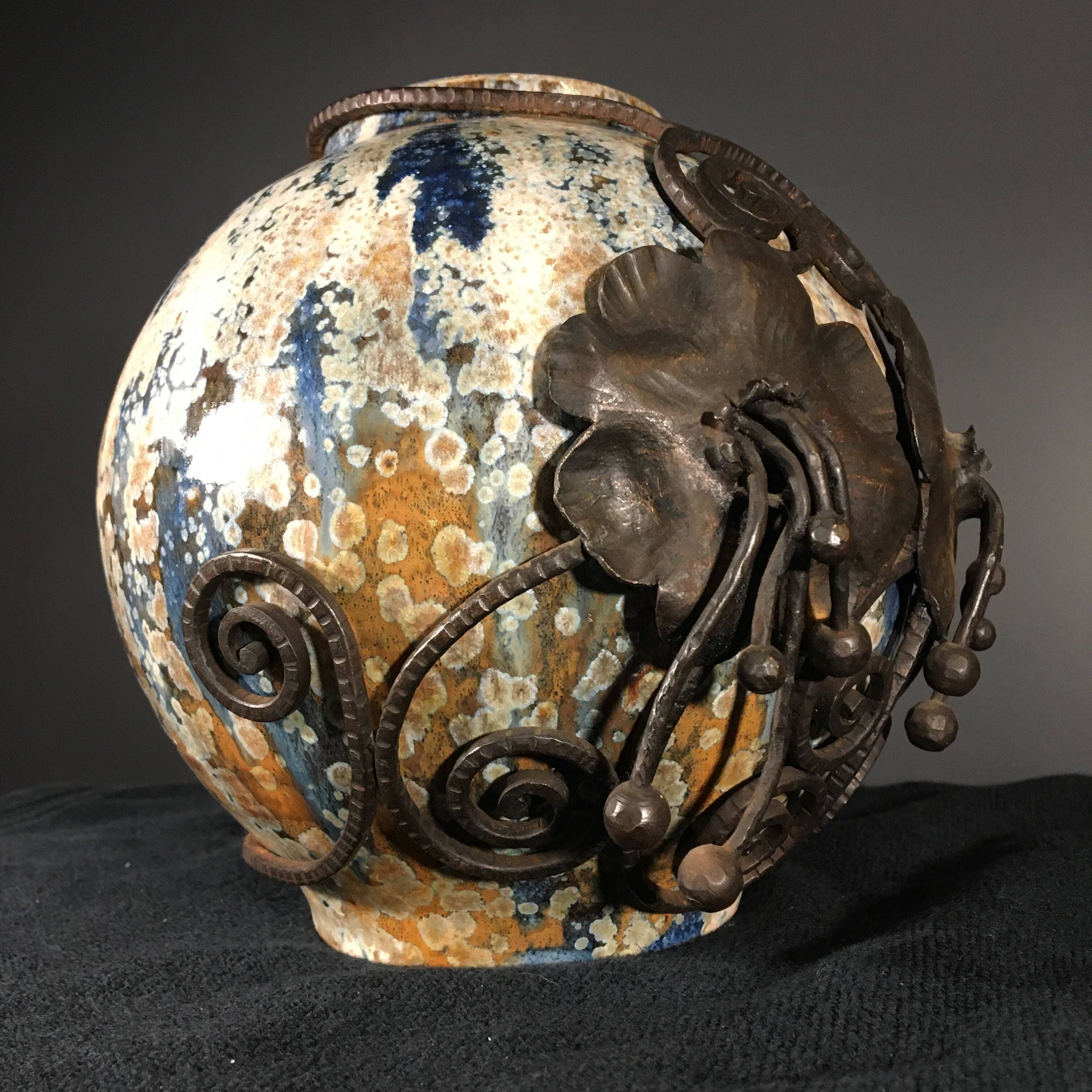 Roger Guérin & François Carion, Art Deco Ball Vase, Bouffioulx Stoneware and Wrought Iron, Ca 1925