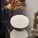 Murano Glass White Swirl Globe Table Lamp on Golden Base | MCM Midcentury Modern | Italian Minimalistic Design | Handcrafted Bedside Light