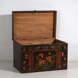 Antique wooden chest with lotus flower illustrations (China, circa 1900)