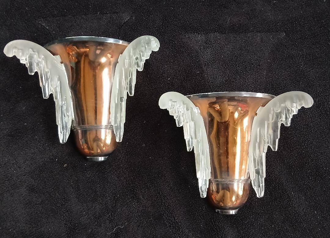 Exceptional pair of art deco wall lights by ezan france & copper metal