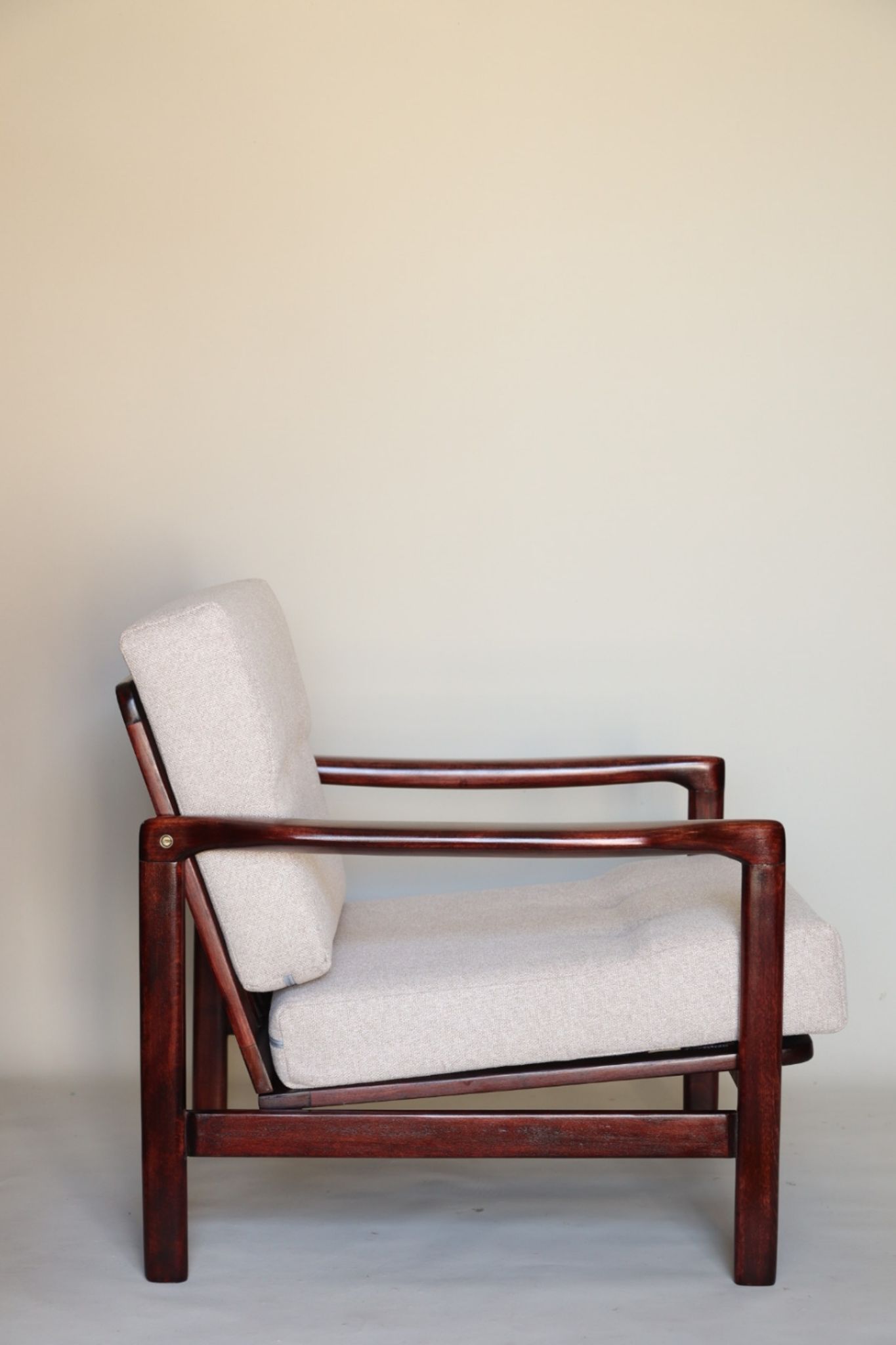Wood armchair oryginal design by Z. Baczyk 7522 beige colour fabrics palisander wood