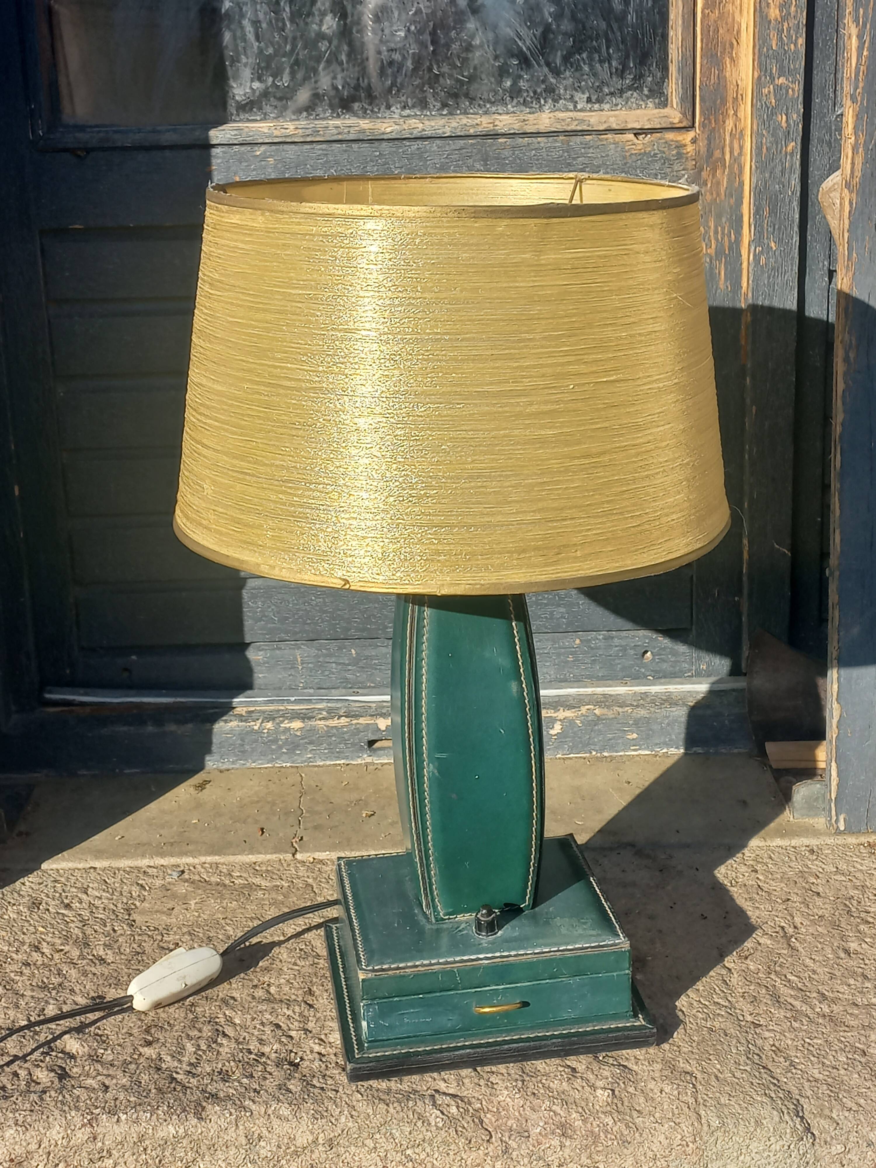 Vintage leather desk lamp with saddle stitching from the 1960s.