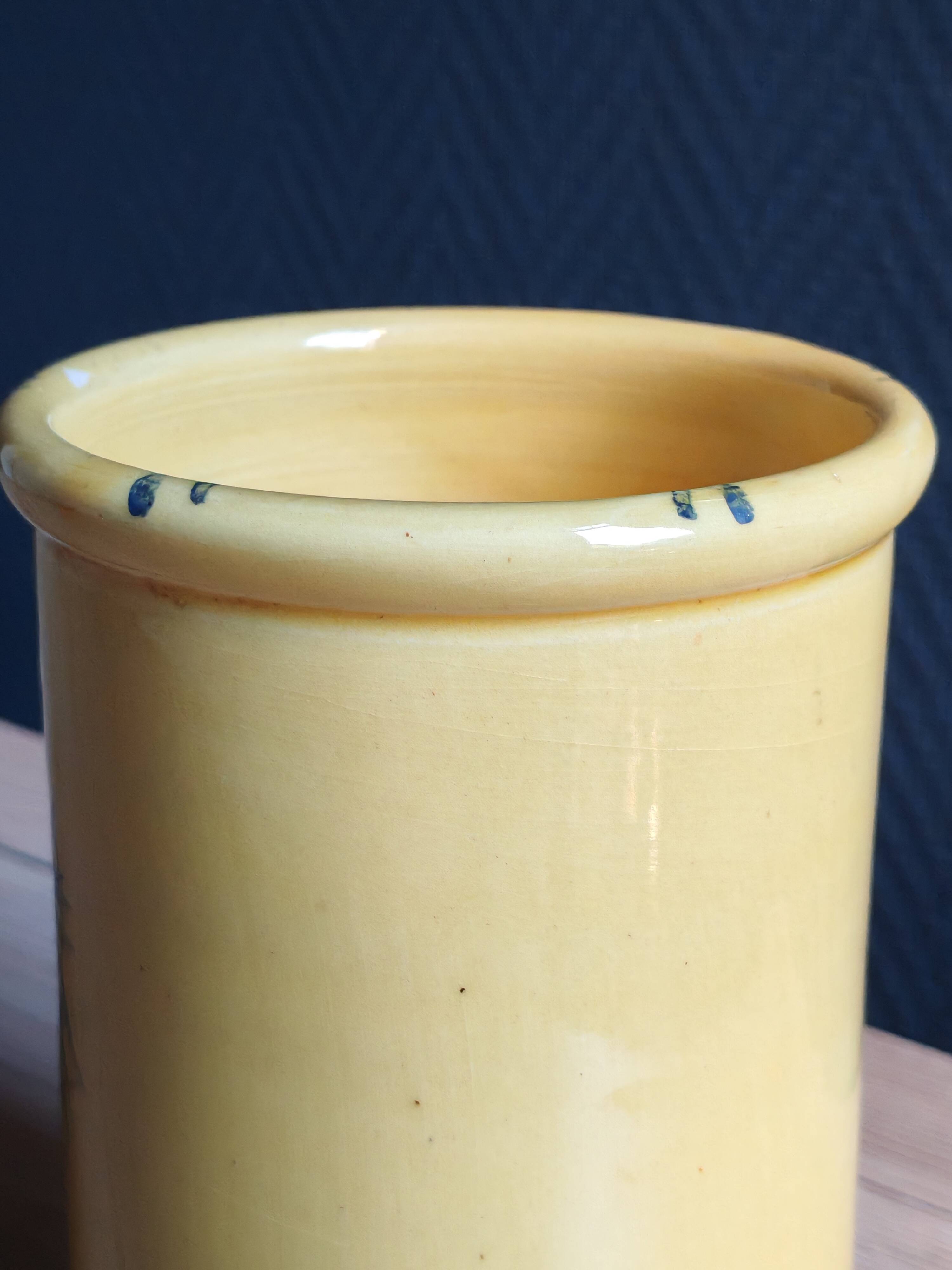 Vintage 1960s Vallauris Yellow Ceramic Vase, Blue Peacock Feather Decor