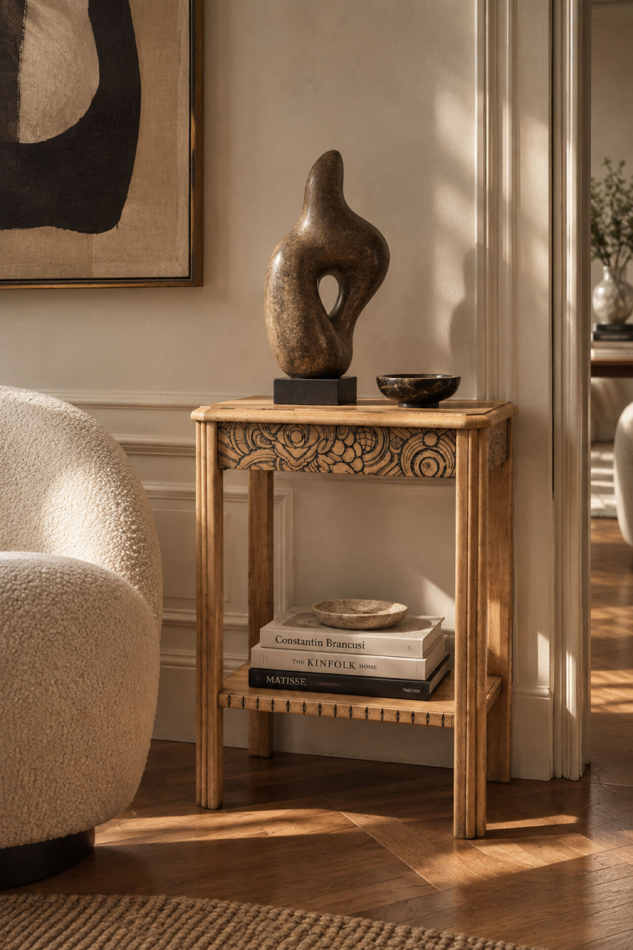 Art Deco console in raw wood with floral decoration, renovated 1930.