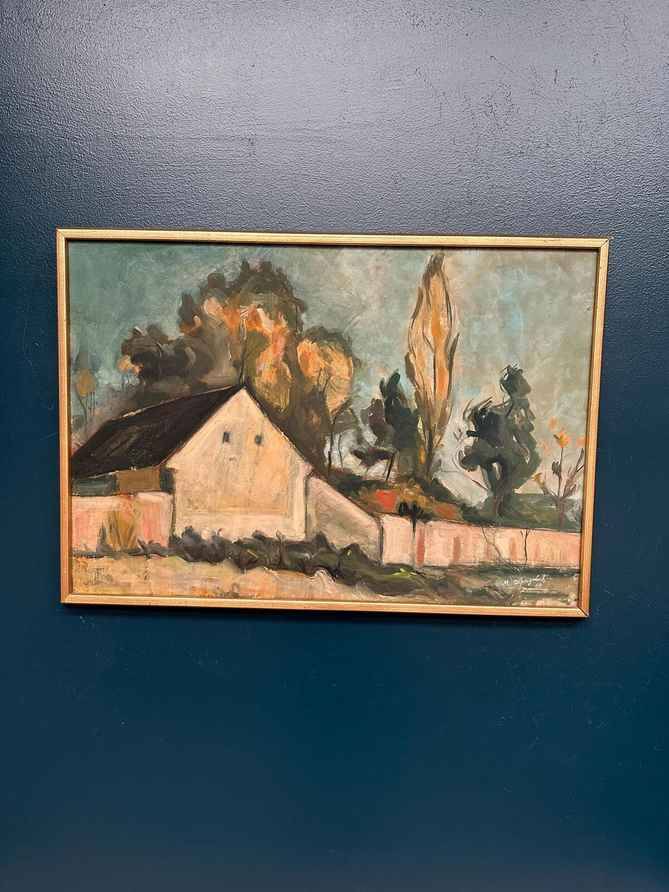Original Swedish Oil On Panel – “House” By M. Olofgoluth – Dated 1969 – Vintage & Framed – 71 × 50 Cm (28" × 19.7")