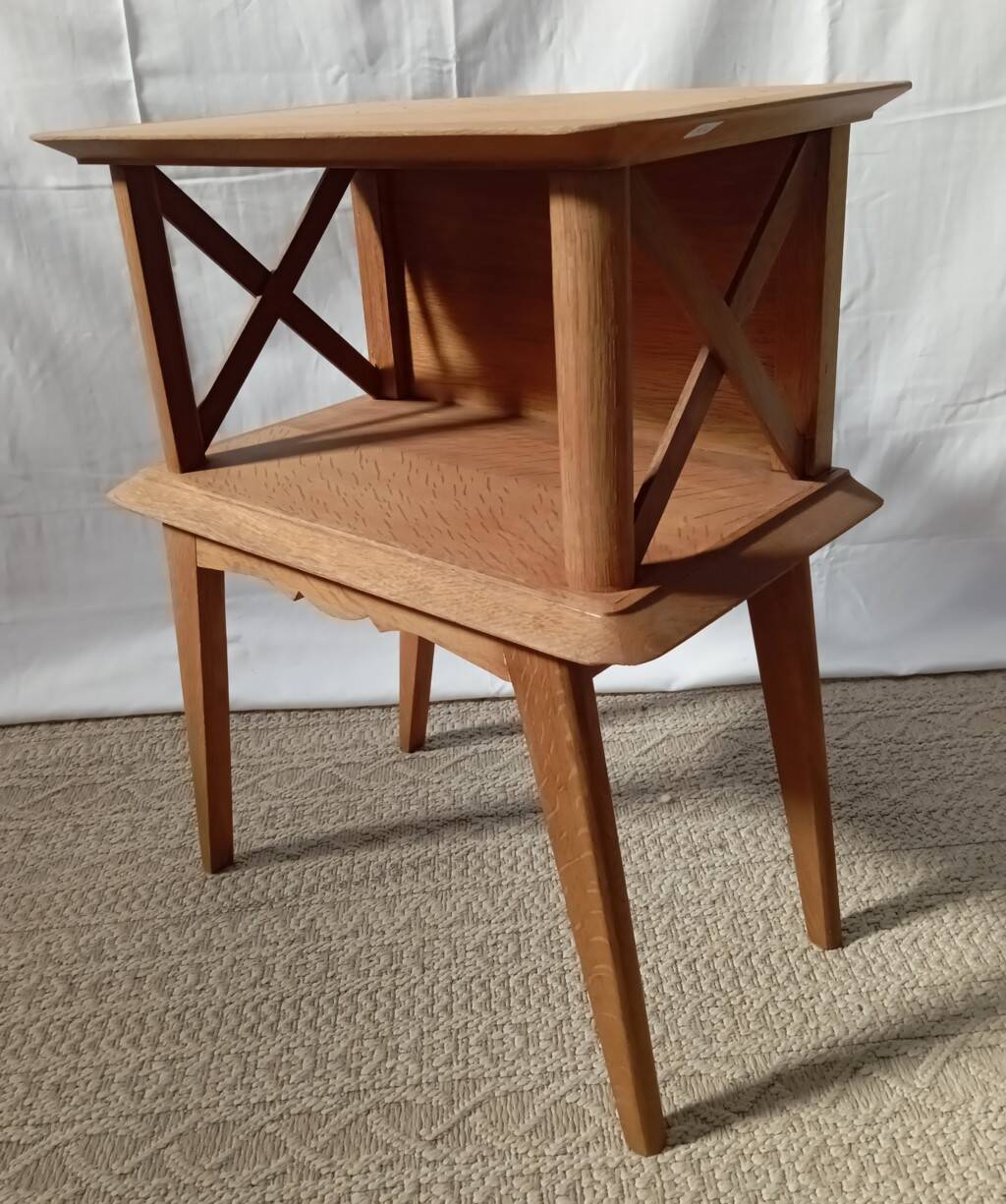 1950s oak bedside table with crossbars