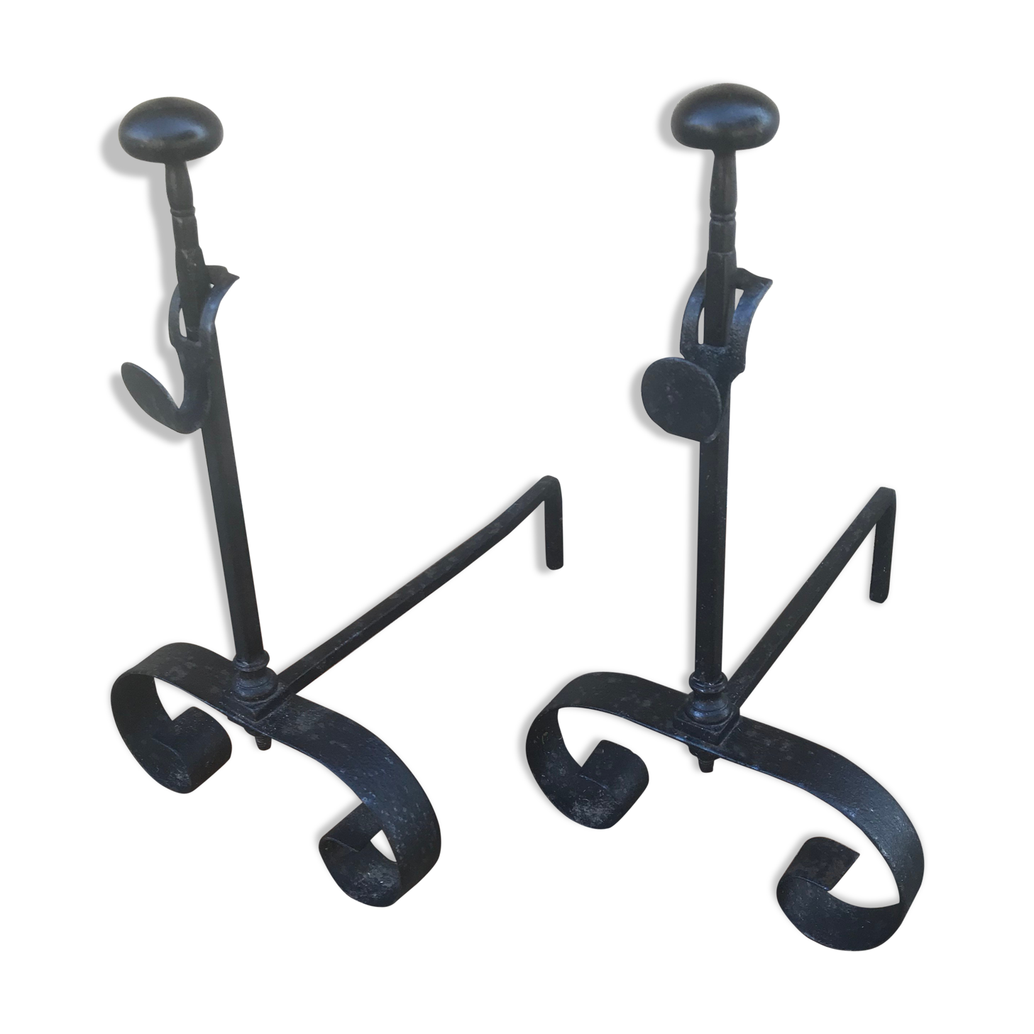 Former Pair De Landiers A Cremailier Fer Forged Cintré - Vintage Brooch Door