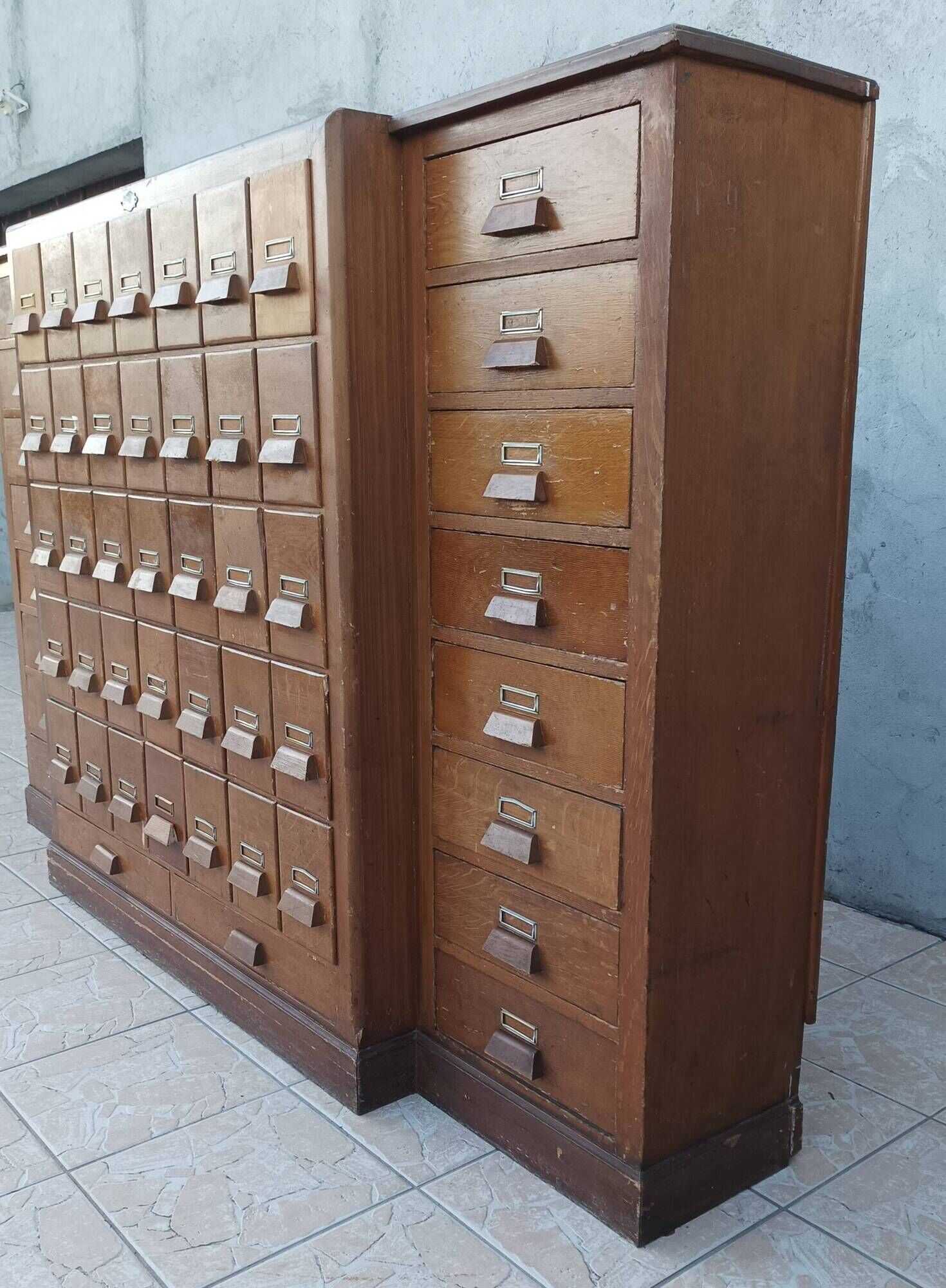 Apothecary or trade cabinet in fir with 53 drawers.