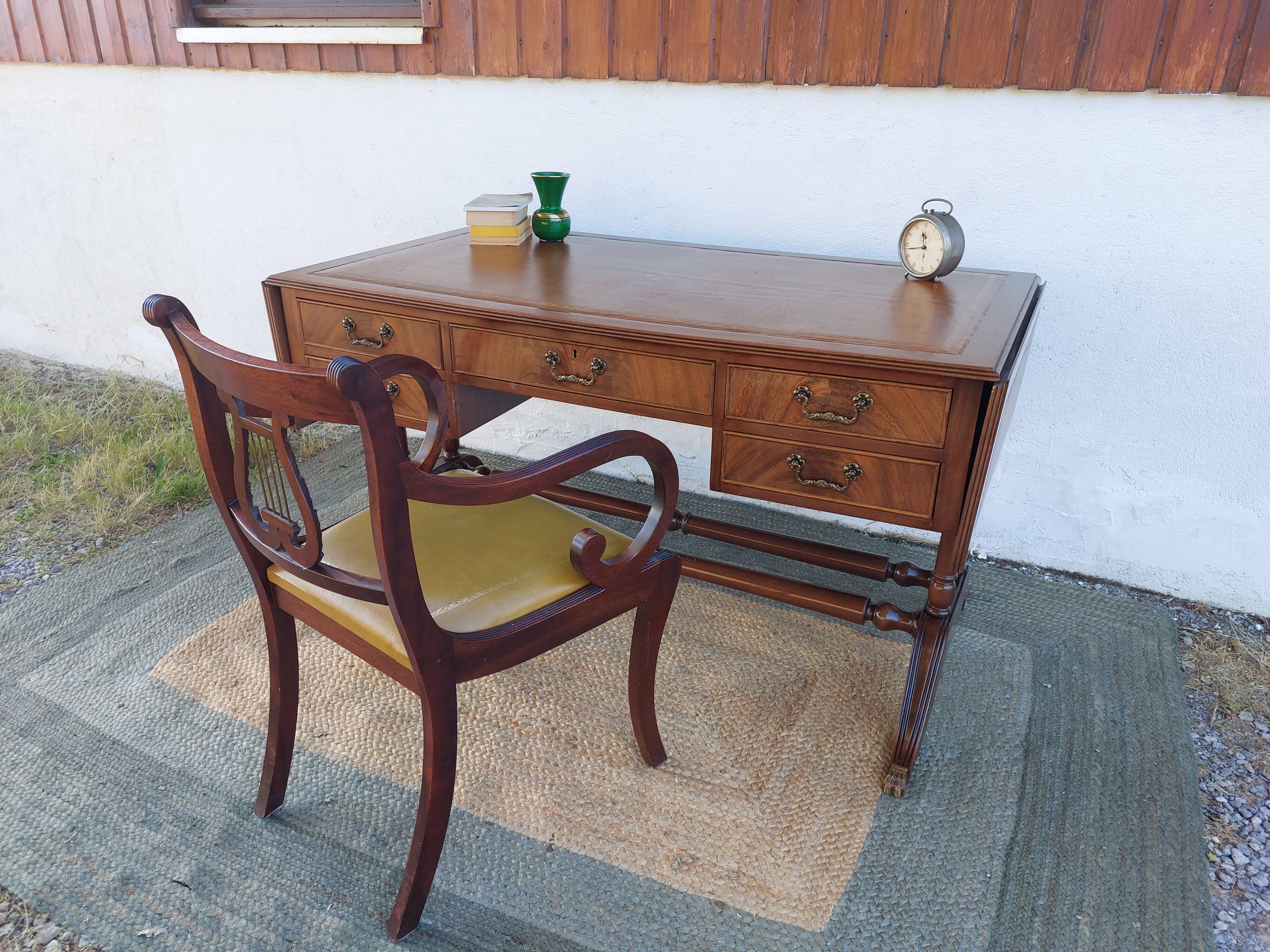 English desk and lyre chair, leather, extensions.