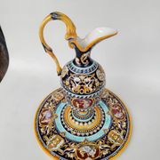 Ewer and its basin, in Gien earthenware, Renaissance model, 20th century.