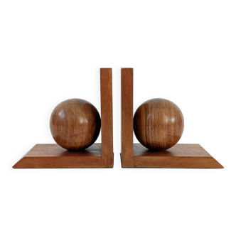 Paire de serre-livres en chêne avec sphères en bois poli, années 60