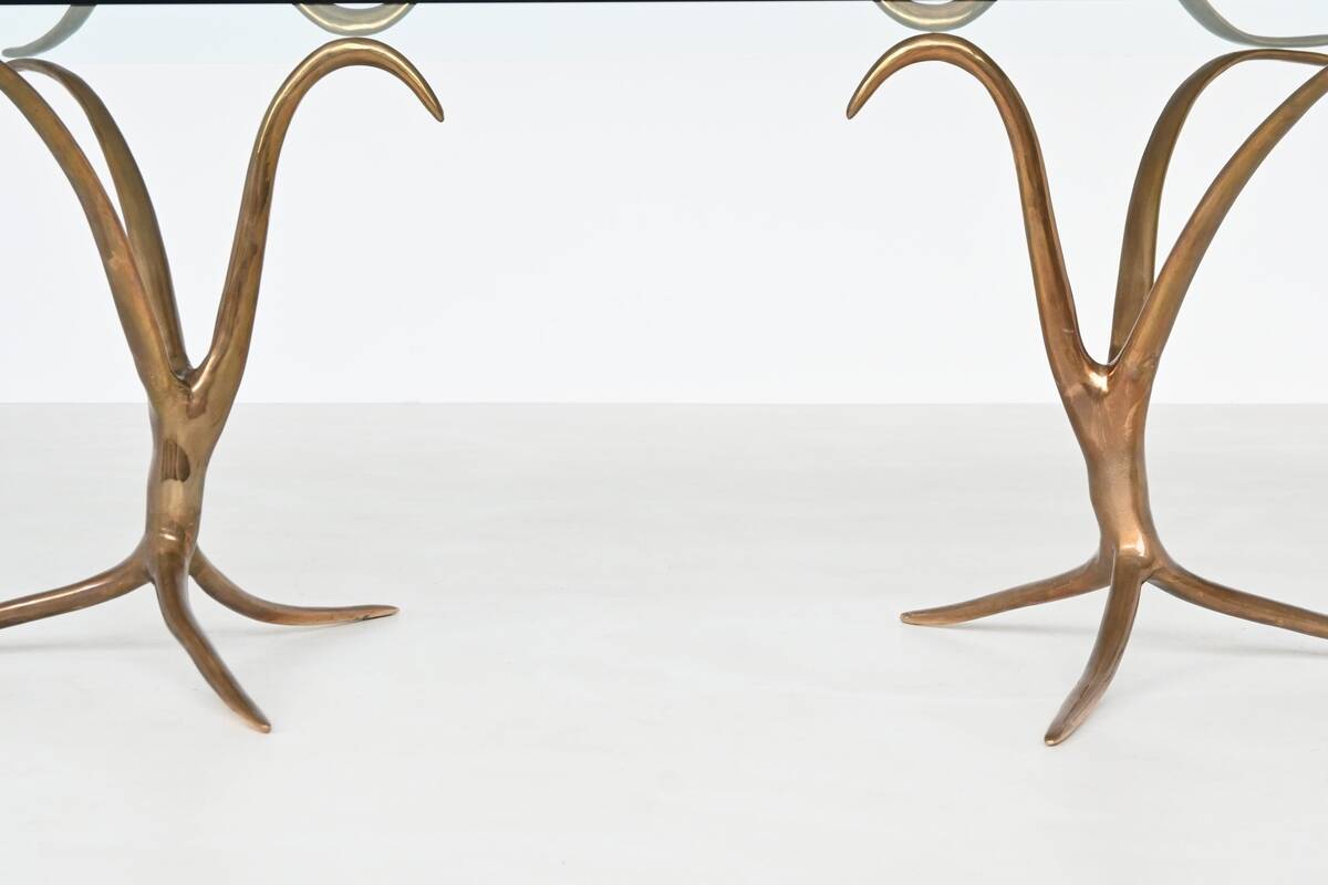 Unique sculptural dining table in bronze and glass, Belgium 1970.