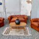 Salon canape and 2 chesterfield armchairs in vintage cognac leather from the 1970s