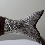 Large vintage 1960s wooden and silver-plated metal salmon serving tray