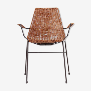 Vintage wicker chair with armrests from the 1960s