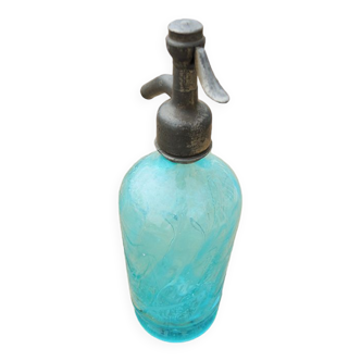 Ancien siphon en verre turquoise couturier