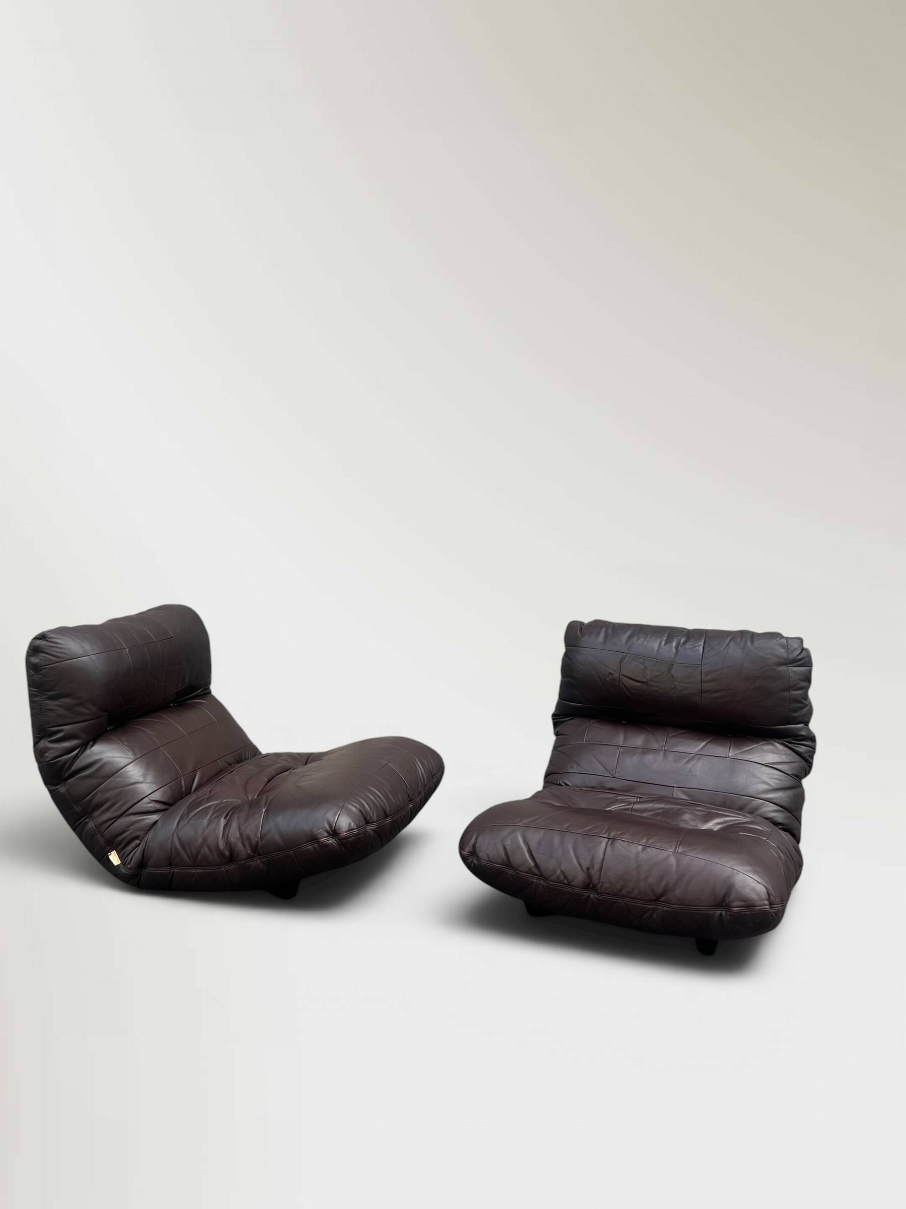2 Marsala armchairs in plexiglass & brown patchwork leather, Ligne Roset 1970