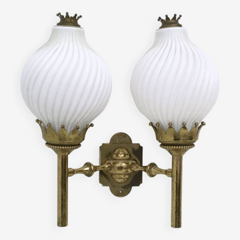 Large Vintage Two-Light Opaline Glass and Brass Sconce by Arredoluce, Italy
