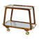 May include: A mid-century modern bar cart with a dark wood frame and two c