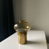Vintage MCM Danish Design Hurricane Candleholder in Brass and Amber colored glass