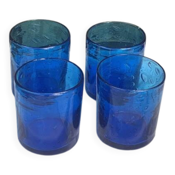 4 verres à whisky en verre souffle bleu cobalt
