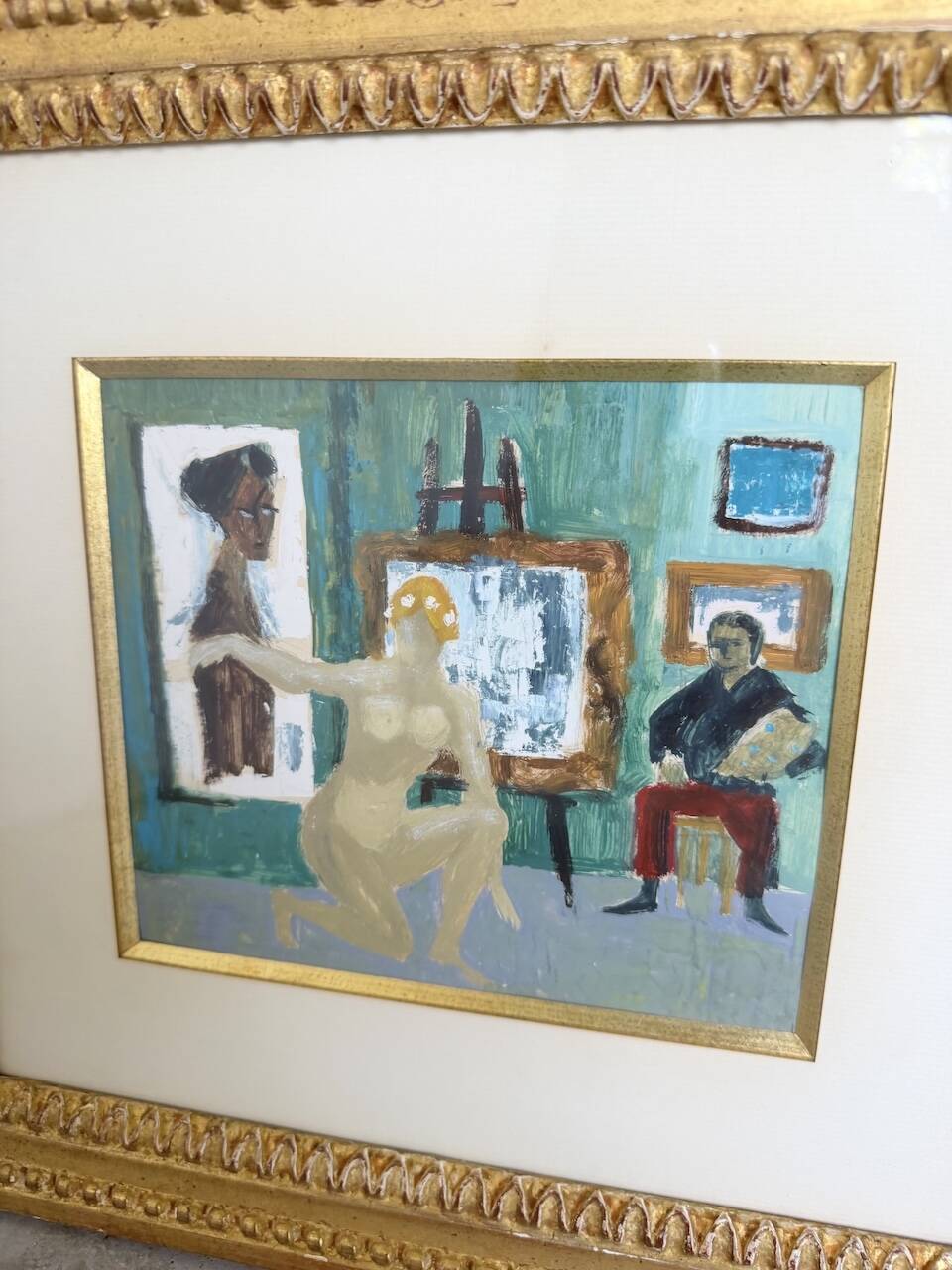 Framed nude oil painting