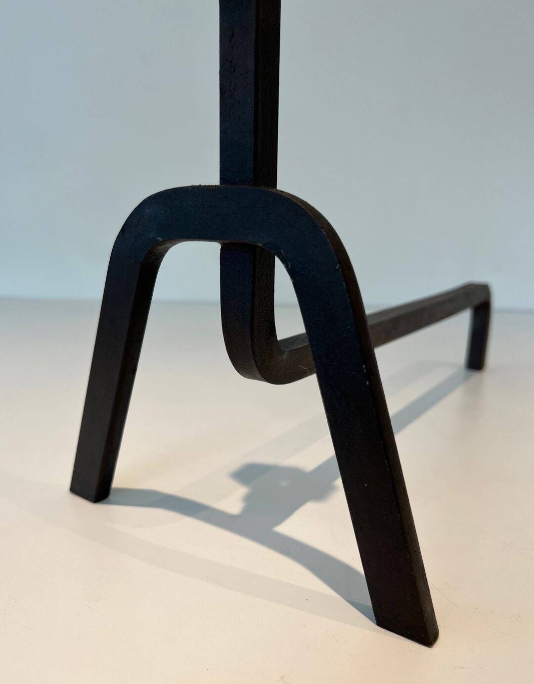 Pair of Modernist Andirons in Wrought Iron with Stylised Torches and Bases Ang