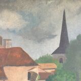 Old painting the village house and its garden