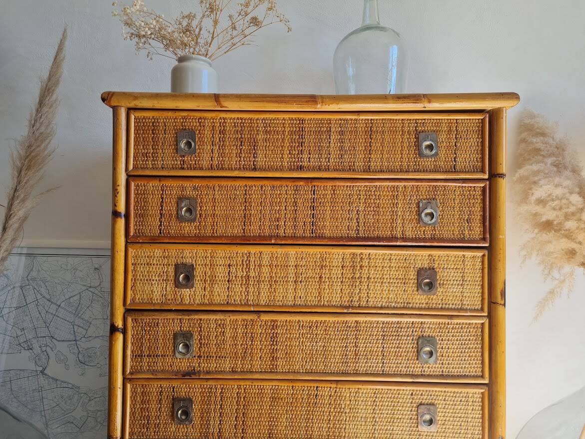 Rattan chest of drawers circa 1970, Dal Vera
