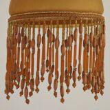 Vintage French amber mottled glass hanging ceiling light with beaded fringe.