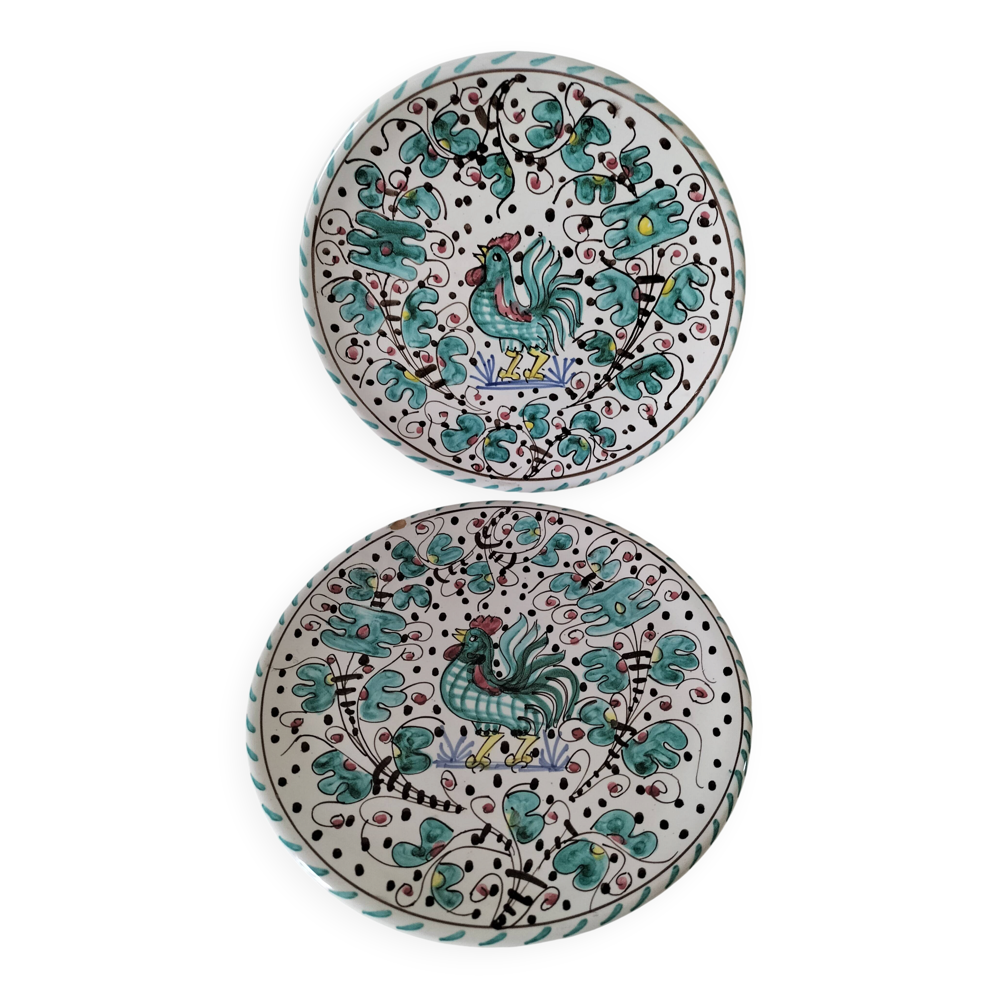 Duo d’assiettes Deruta Etrusca coq vert majolique italienne