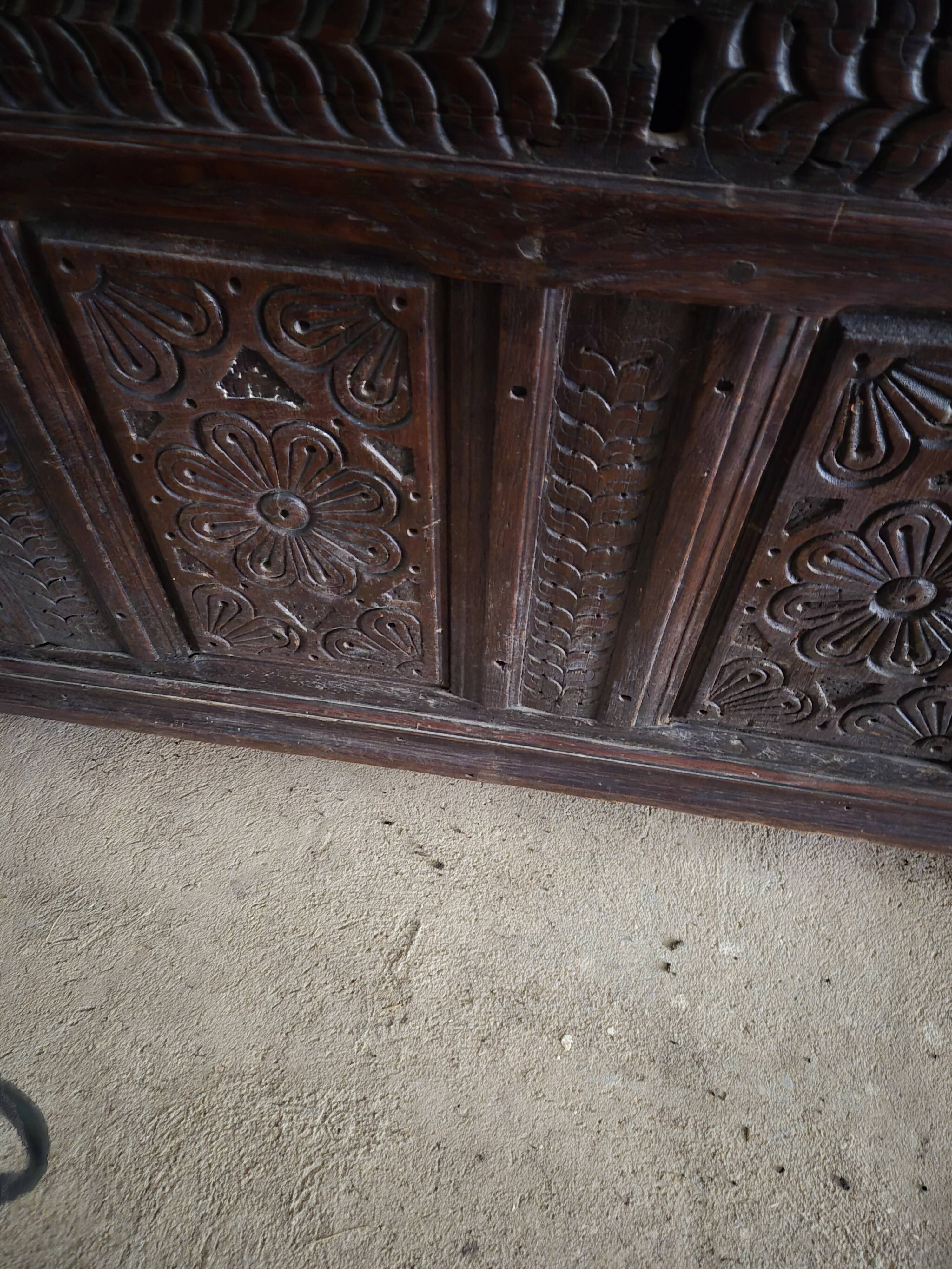 Large carved oak chest from the 17th century.