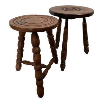 Set of two tripod stools in turned wood