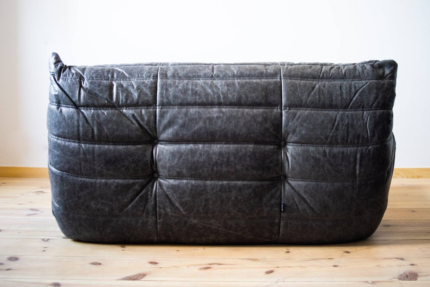 Black leather 3-seat Togo sofa attributed to Michel Ducaroy for Ligne Roset