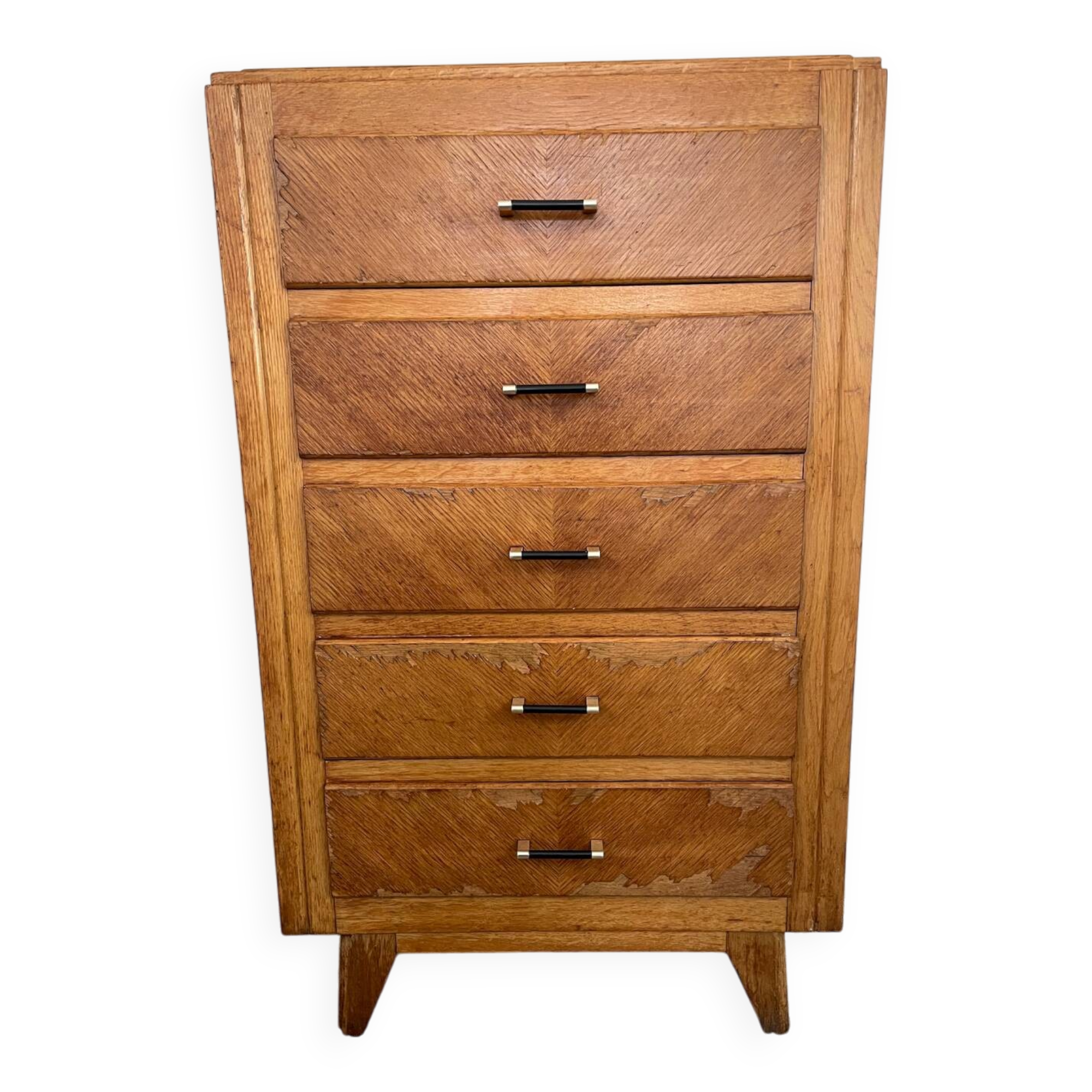 High chest of drawers with 5 drawers, vintage oak, 1950s